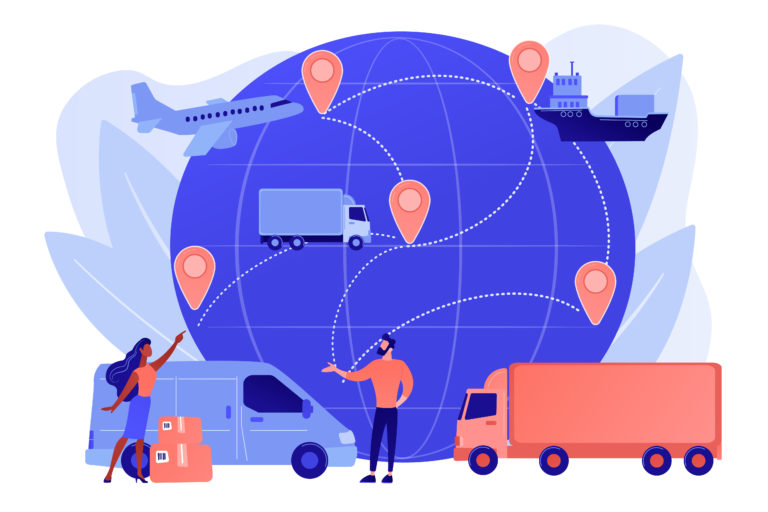 Internet store goods international shipment. Global transportation system, worldwide logistics and distribution, worldwide delivery service concept. Pinkish coral bluevector isolated illustration